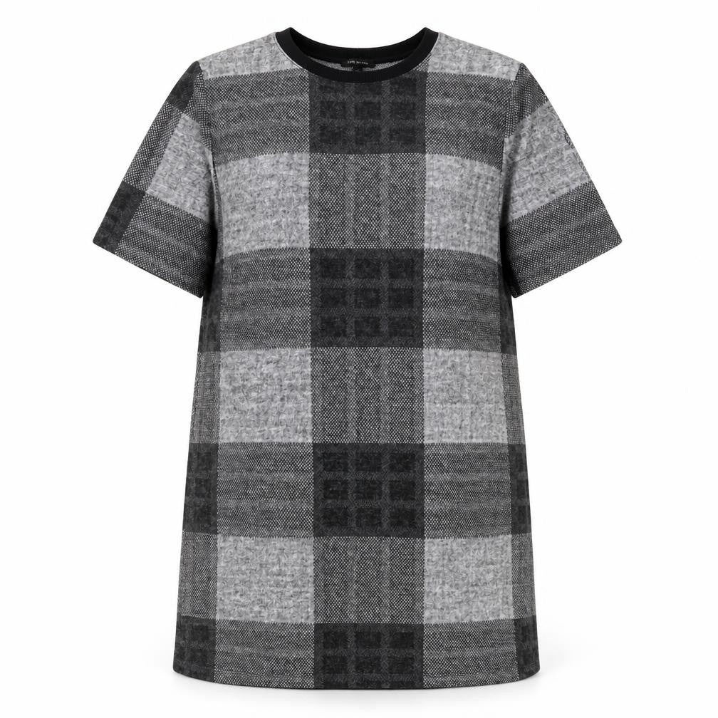 Front view of River Island women’s grey plaid polyester shift, size UK 10, round neck pullover