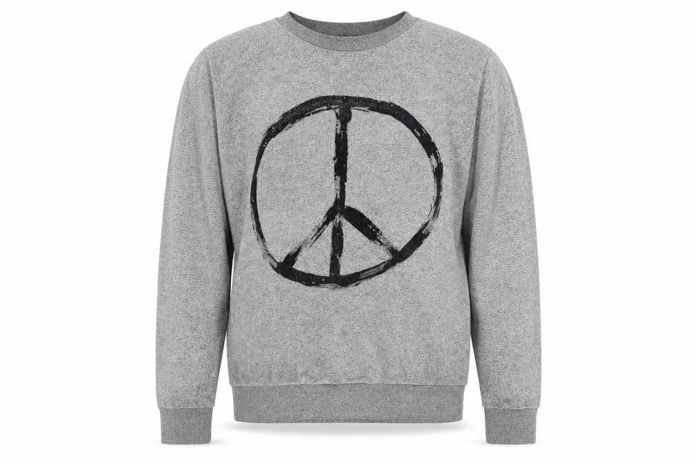 Front view of Topman men’s grey cotton pullover sweatshirt, size S, - peace symbol