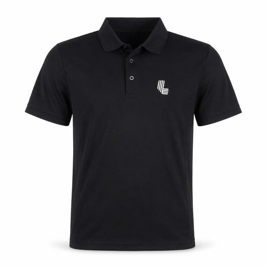 Front view of Preworn men’s black polyester polo, size S, collared pullover