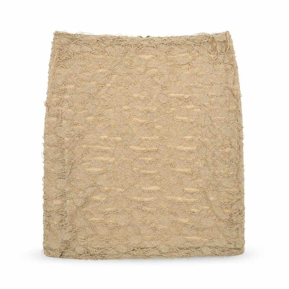 Front view of River Island women’s beige cotton mini skirt, size UK 14, zip