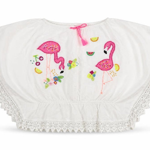 NEXT Girls White 100% Cotton Basic Blouse Size 7 Years Boat Neck Pullover - Flamingo Lace Trim