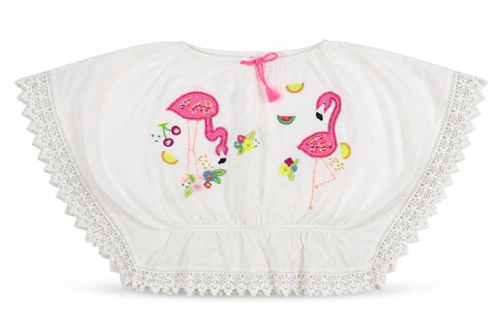 NEXT Girls White 100% Cotton Basic Blouse Size 7 Years Boat Neck Pullover - Flamingo Lace Trim