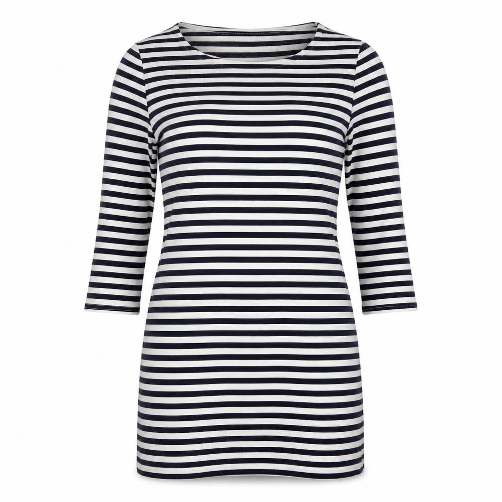 Front view of New Look women’s blue round neck striped polyester jumper, size UK 6