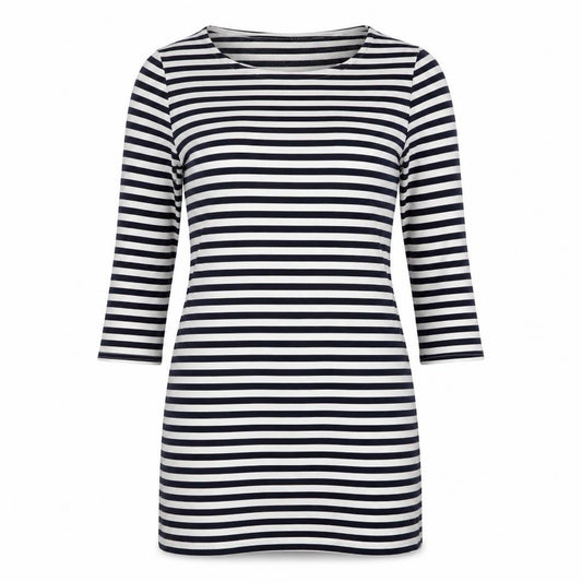 Front view of New Look women’s blue round neck striped polyester jumper, size UK 6
