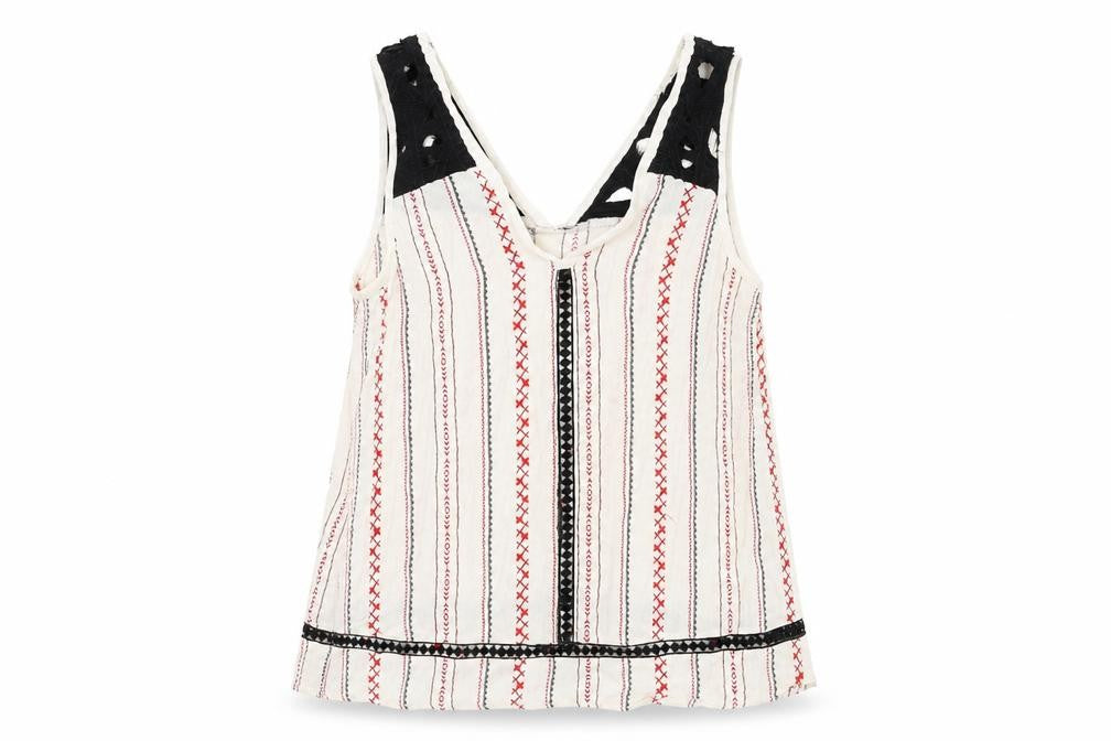 Front view of River Island women’s beige striped viscose basic tank, size UK 10, v-neck