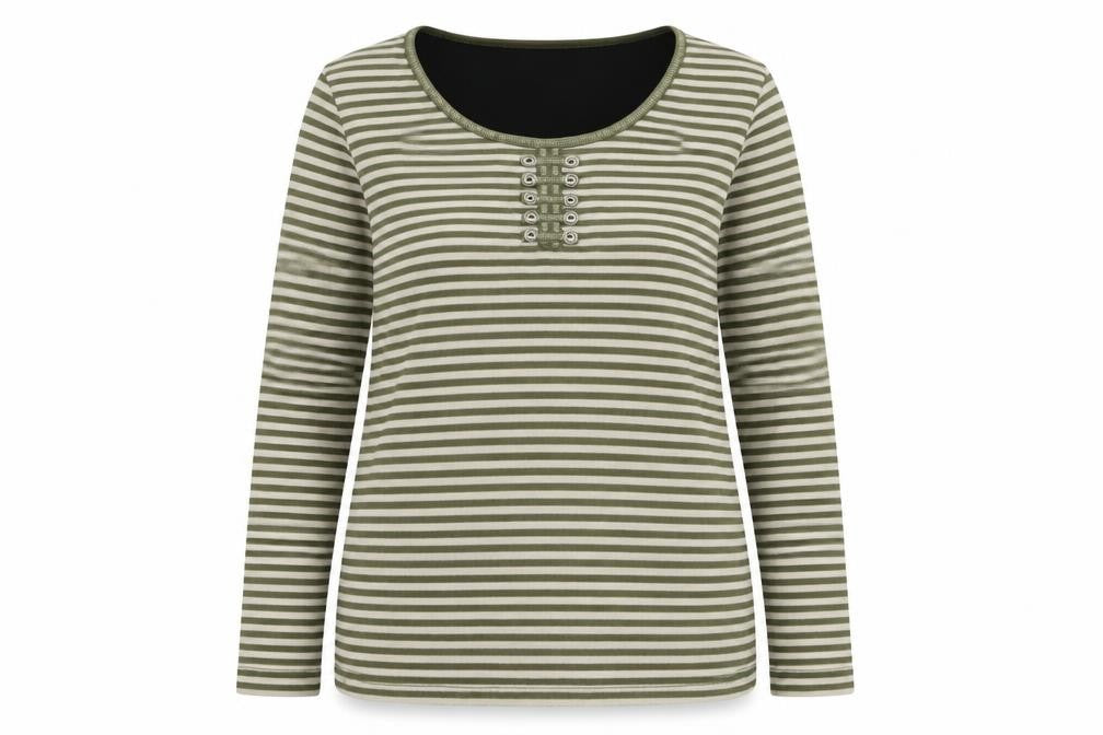 Front view of First Avenue women’s green round neck striped polyester jumper, size M