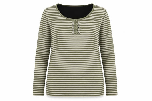 Front view of First Avenue women’s green round neck striped polyester jumper, size M
