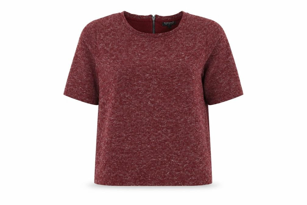 Front view of Topshop women’s red round neck polyester jumper, size UK 12