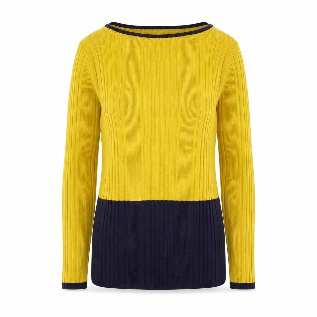 Front view of Marks & Spencer women’s yellow round neck viscose jumper, size UK 12