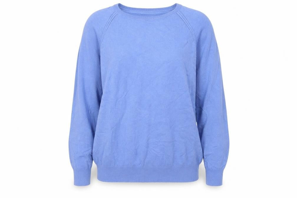 Front view of Dunnes women’s blue round neck viscose jumper, size L