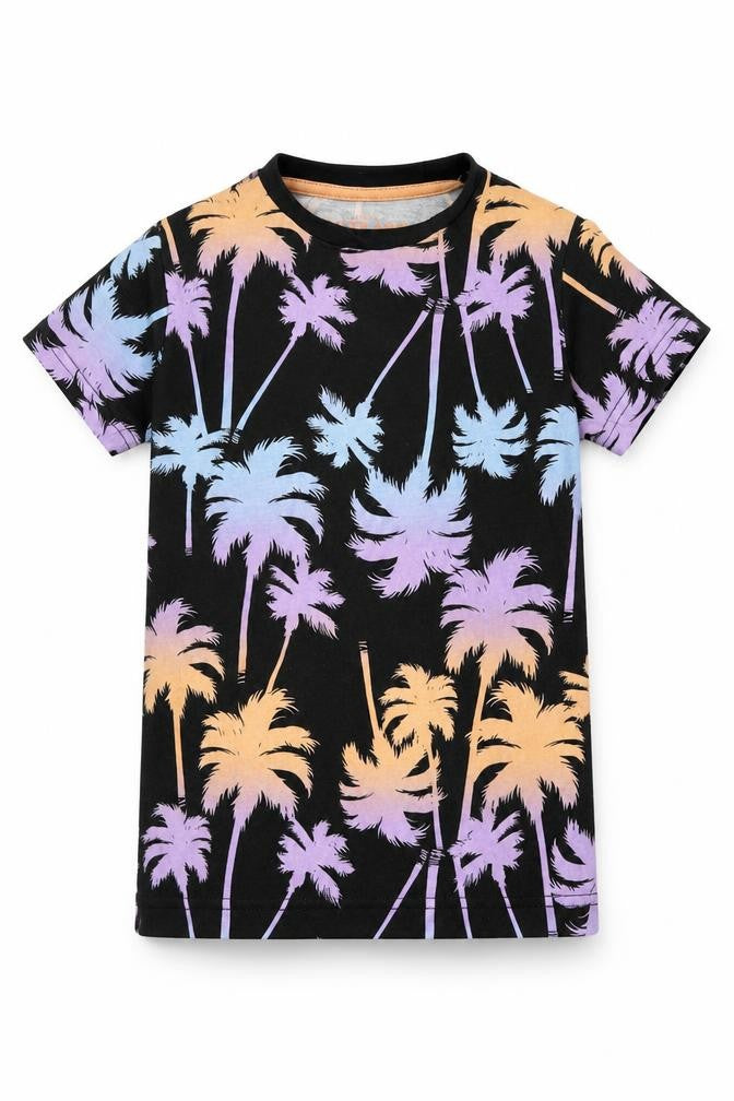 Front view of Urban boys’ black geometric cotton basic t-shirt, size 6-7, years round neck pullover
