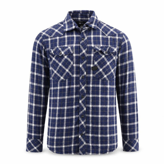 Front view of Raw men’s blue plaid cotton button-up, size M, collared button