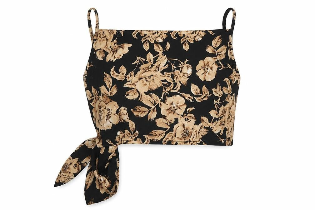 Front view of SHEIN women’s black floral polyester basic blouse, size S, square neck - tie back