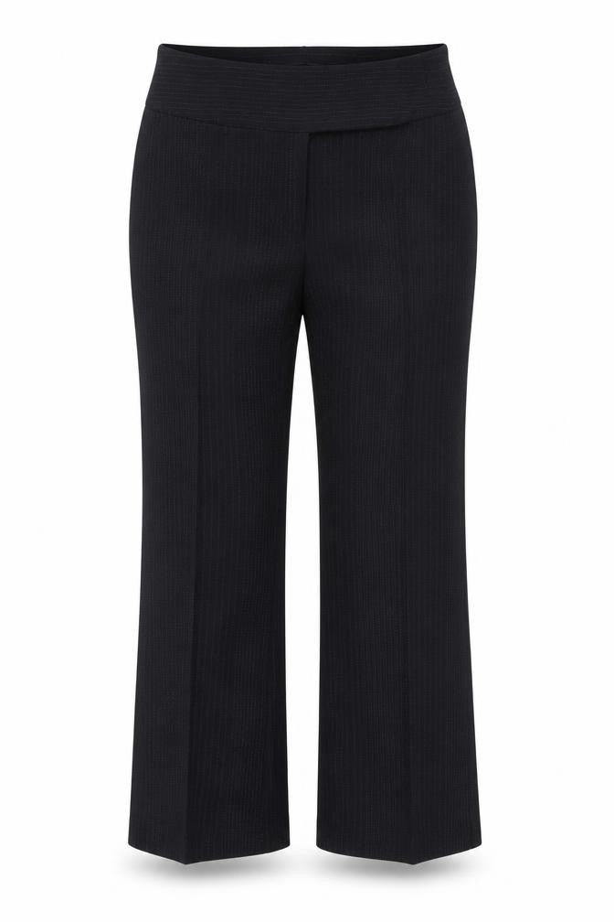 Front view of Atmosphere women’s black striped polyester trousers, size UK 12, 28-inch leg regular button