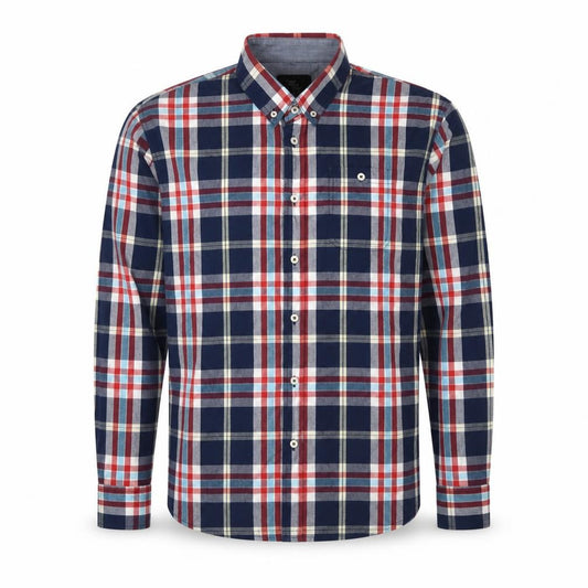 Front view of Cedarwood State men’s multicoloured plaid cotton button-up, size L, collared button