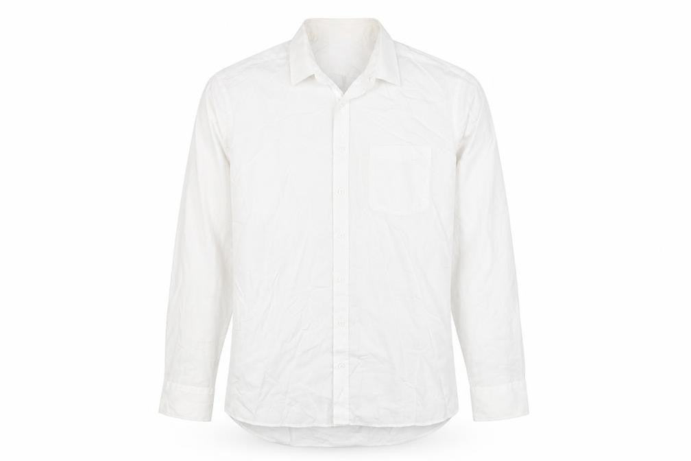 Front view of F&F men’s white polyester button-up, size 16, collared button