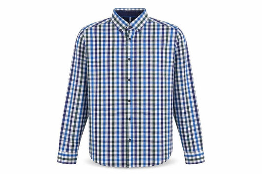 Front view of Blue Harbour men’s blue check cotton button-up, size S, collared button