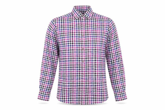 Front view of Marks & Spencer men’s multicoloured check cotton button-up, size 14.5 collared button