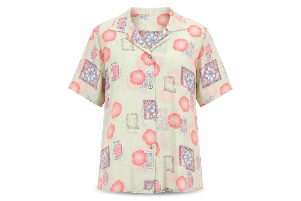 Front view of Gypsy Rose women’s green floral polyester basic button-up, size S, collared