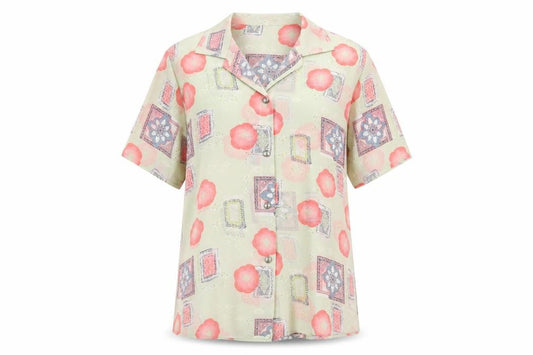 Front view of Gypsy Rose women’s green floral polyester basic button-up, size S, collared