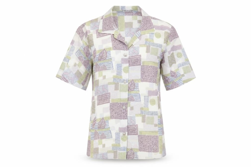 Front view of Gypsy Rose women’s white geometric polyester basic button-up, size S, collared
