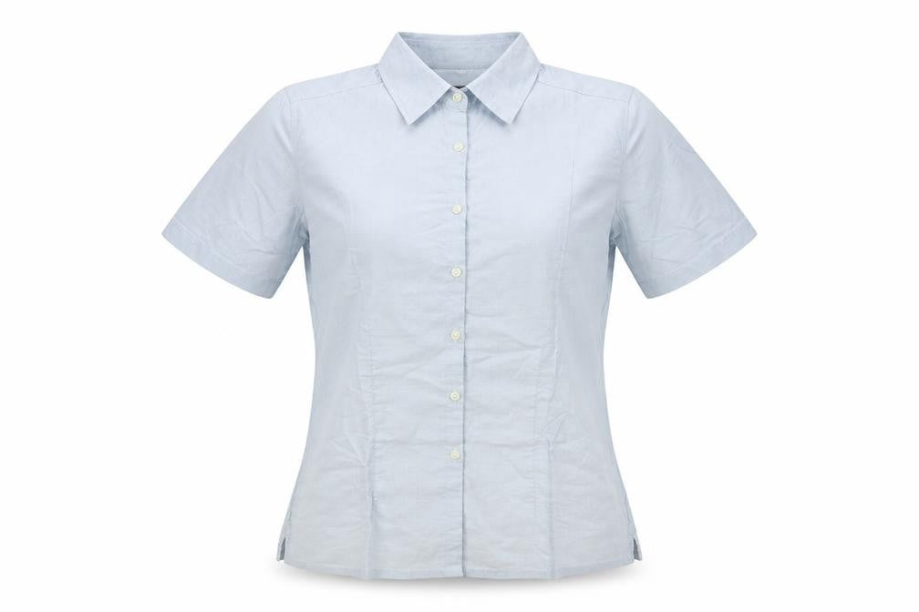 Front view of Van Hausen women’s blue cotton basic button-up, size M, collared