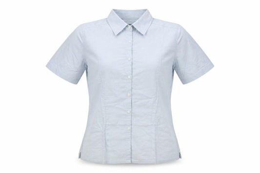 Front view of Van Hausen women’s blue cotton basic button-up, size M, collared