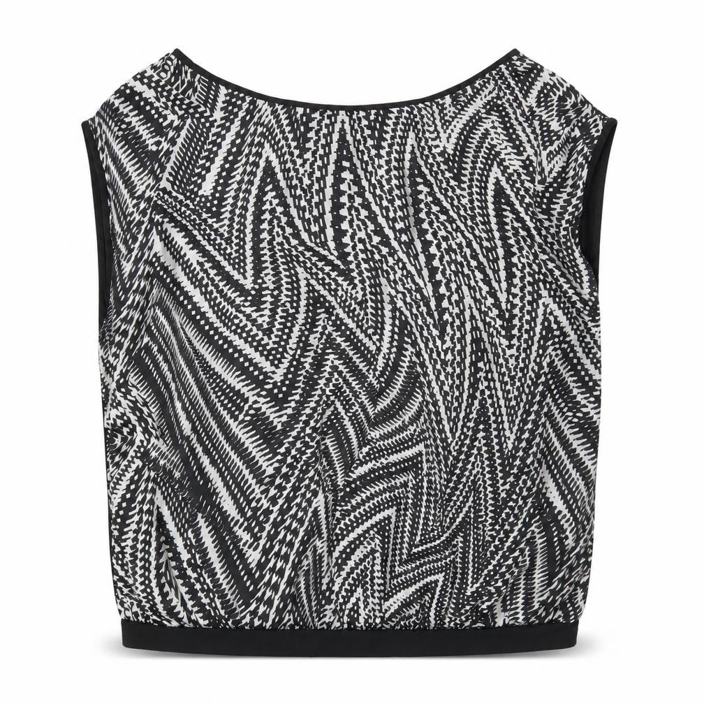 Front view of Shop 1 One women’s black geometric polyester basic blouse, size L, boat neck