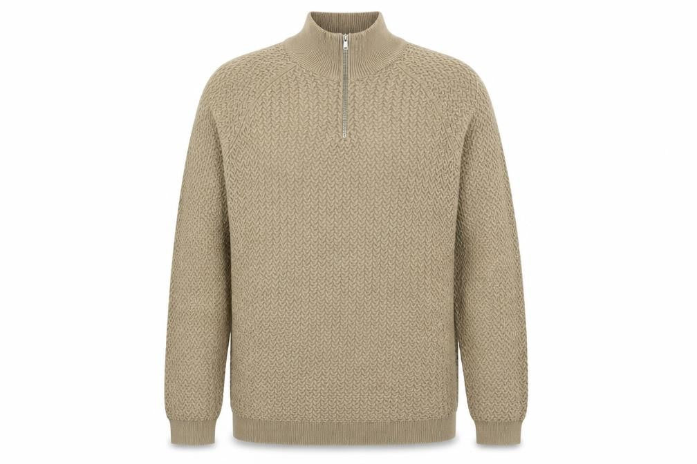 Front view of ASOS men’s beige mock neck geometric acrylic jumper, size M