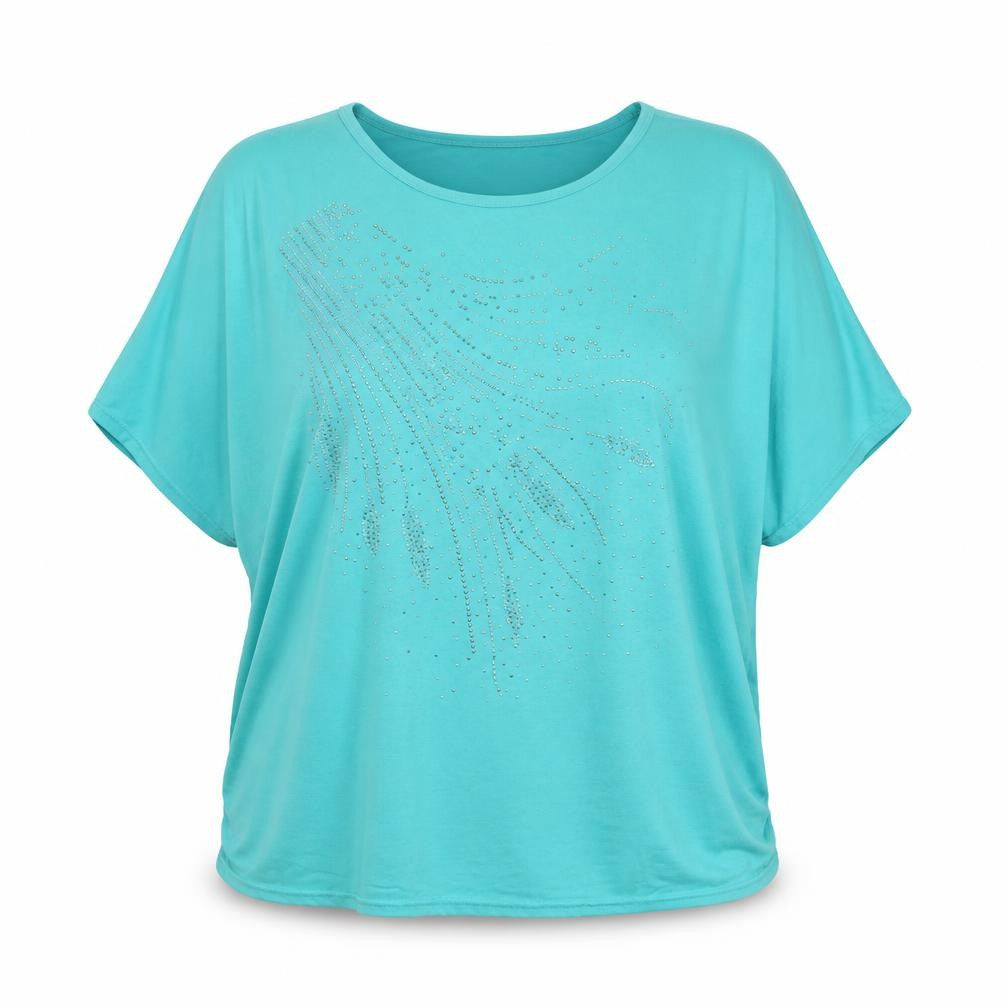Front view of M&H women’s blue geometric cotton basic t-shirt, size 3XL, round neck