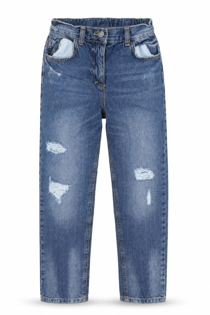 Front view of Next girls’ blue cotton straight jeans, size 9, months regular button