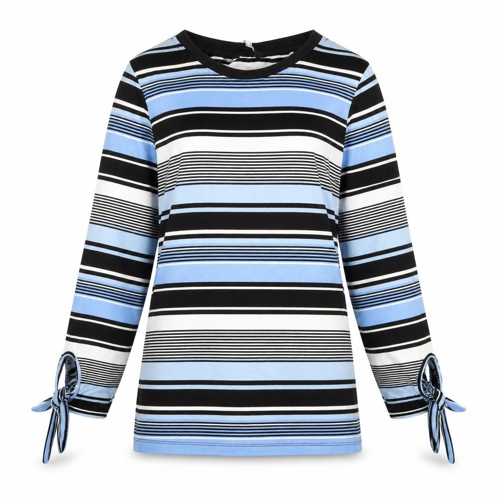 Front view of women’s blue striped polyester pullover sweatshirt, size UK 12