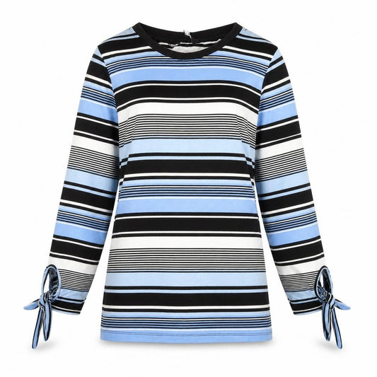 Front view of women’s blue striped polyester pullover sweatshirt, size UK 12