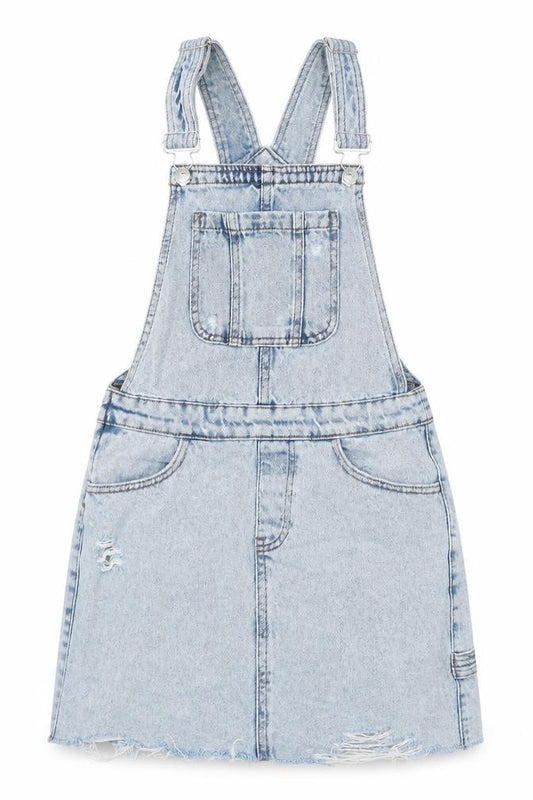 Front view of New Look women’s blue cotton dungaree one-piece, size UK 8, button - distressed
