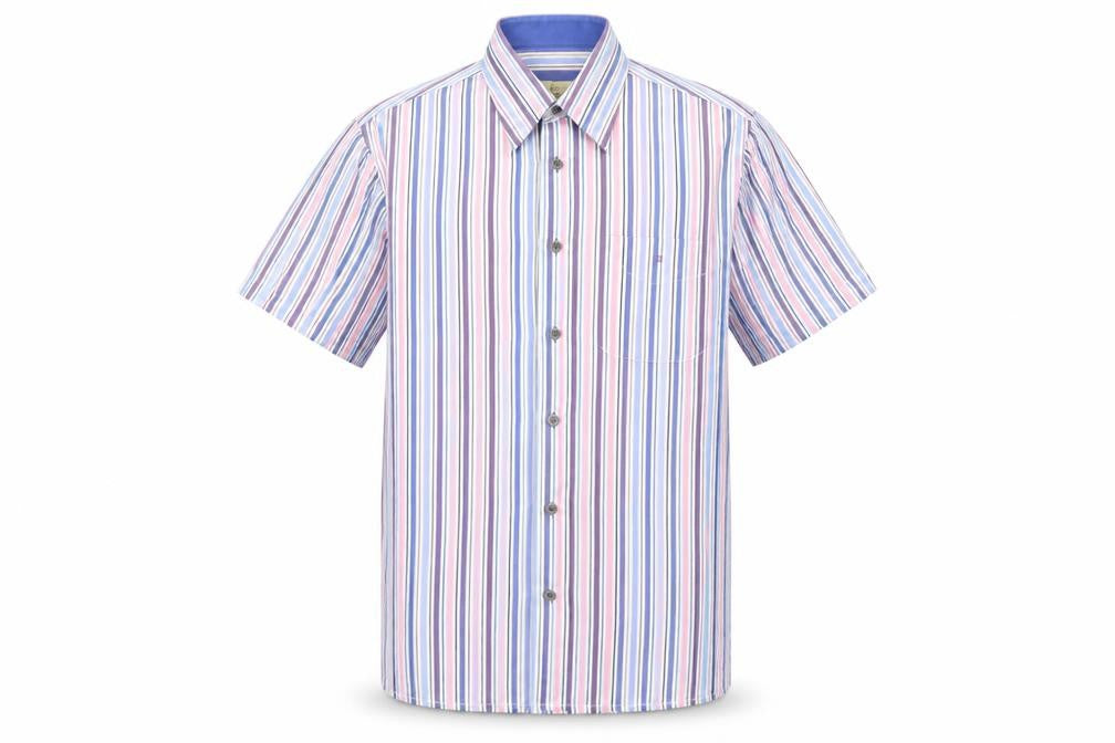 Front view of Daniel Graham men’s multicoloured striped polyester button-up, size M, collared button