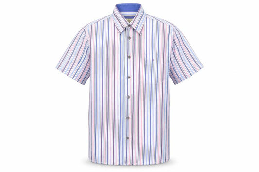 Front view of Daniel Graham men’s multicoloured striped polyester button-up, size M, collared button