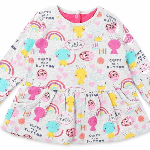 M Girls Grey Geometric Cotton Skater Dress Size 9-12 Months Round Neck Snap - Cartoon Animals