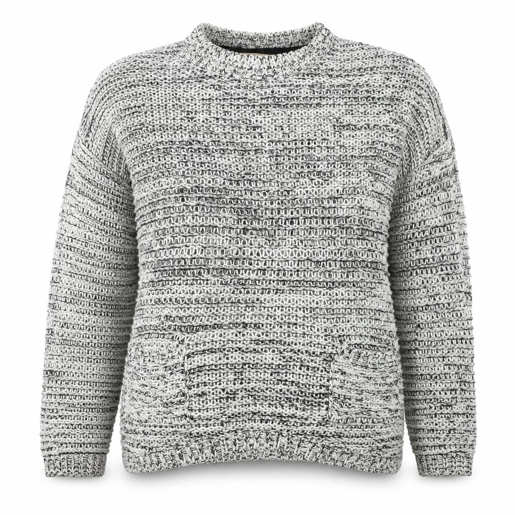 Front view of Preworn women’s grey round neck acrylic jumper, size UK 10