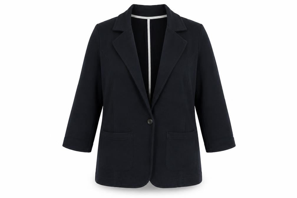Front view of Denim & Co. women’s blue cotton jacket blazer, size UK 10
