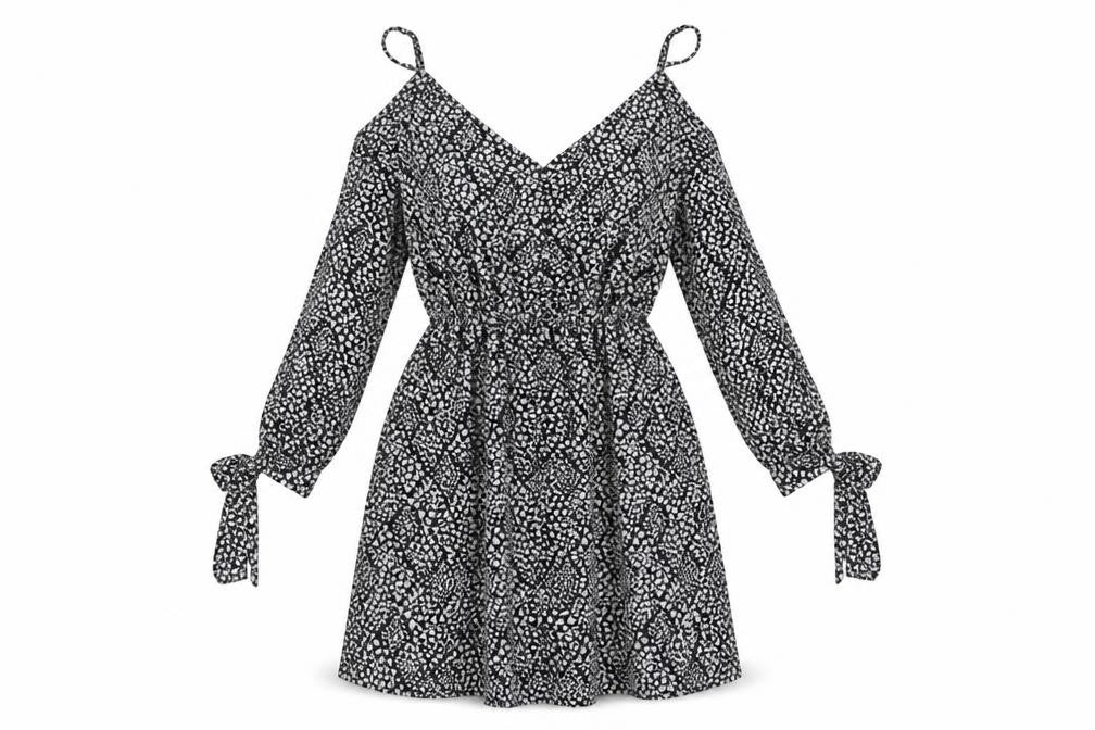 Front view of Atmosphere women’s black floral polyester fit & flare, size UK 10, v-neck - cold shoulder