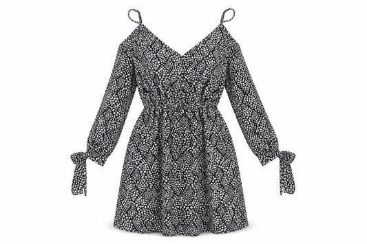 Front view of Atmosphere women’s black floral polyester fit & flare, size UK 10, v-neck - cold shoulder