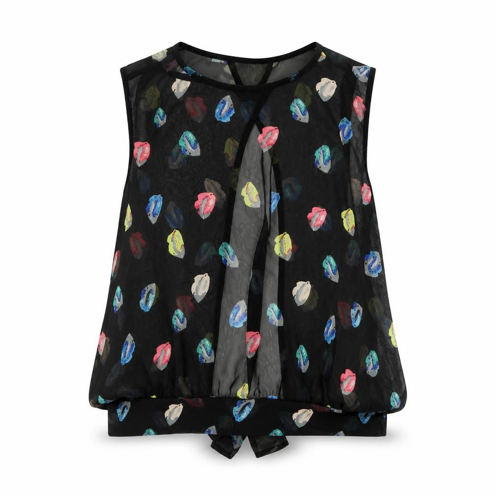 Front view of George women’s black geometric polyester basic blouse, size UK 14, round neck - lips