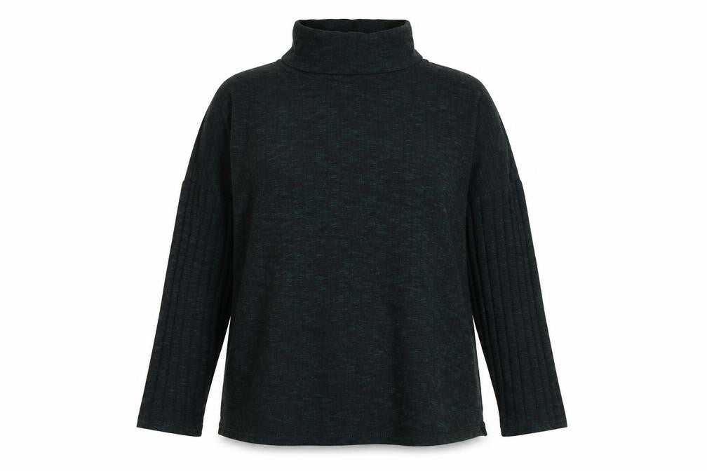 Front view of Dorothy Perkins women’s green roll neck viscose jumper, size UK 12