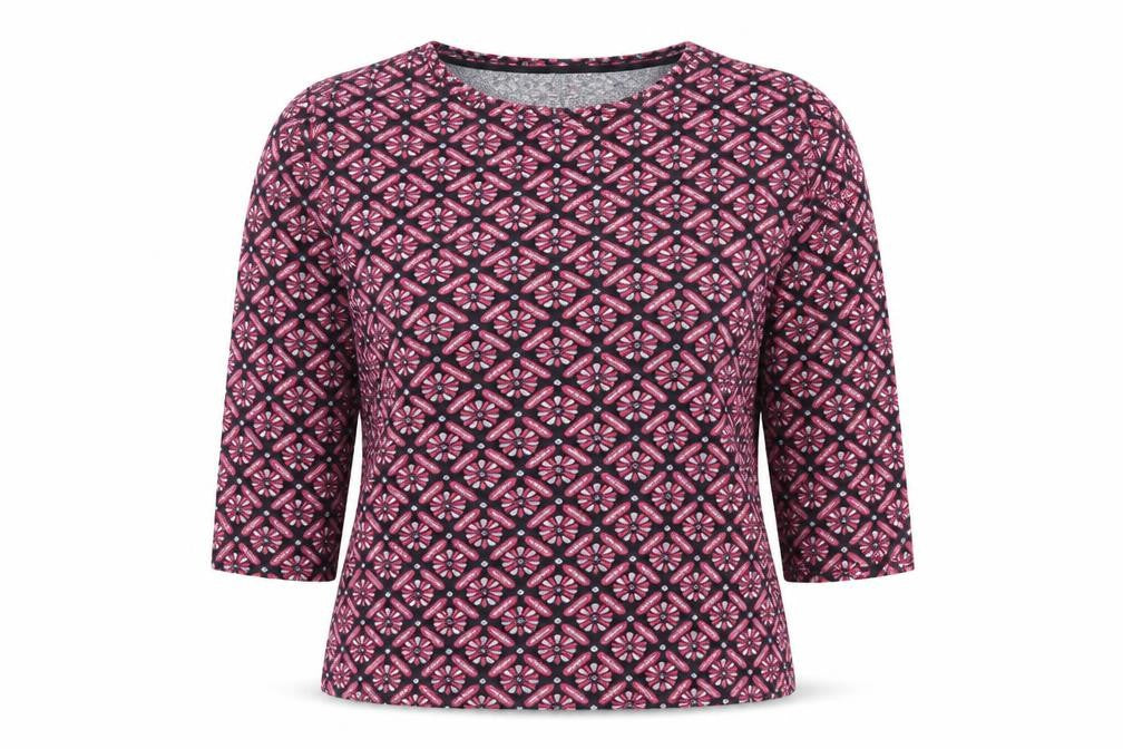 Front view of Savida women’s pink geometric polyester basic t-shirt, size M, round neck