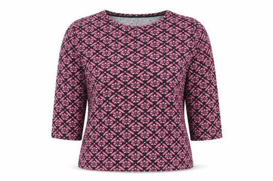 Front view of Savida women’s pink geometric polyester basic t-shirt, size M, round neck