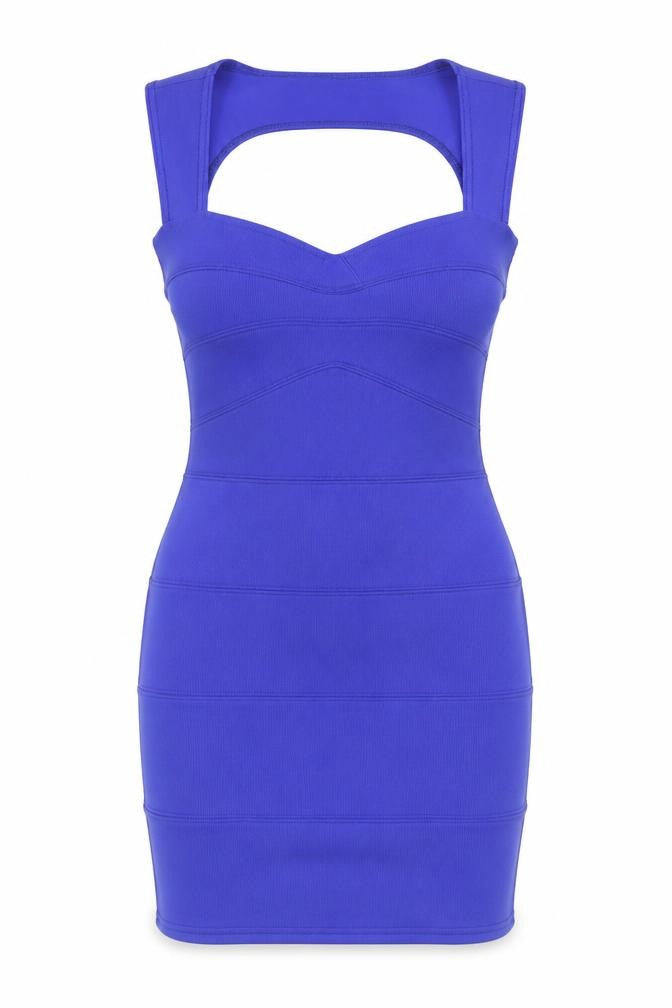 Front view of Usco women’s blue polyester bodycon, size UK 12, sweetheart pullover - estimated size