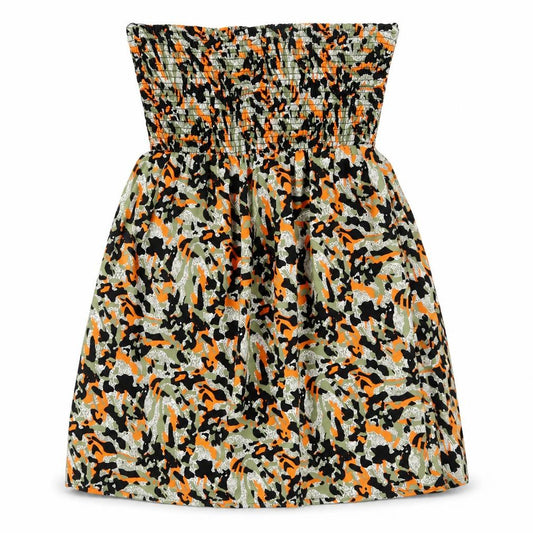 Front view of Primark women’s multicoloured camouflage polyester fit & flare, size S, off the shoulder pullover - shirred