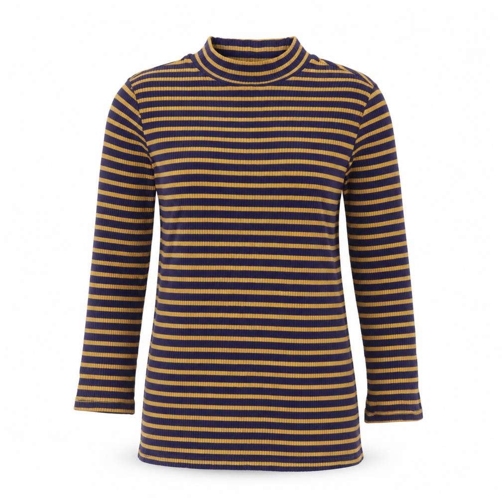 Yest Womens Blue Striped Polyester Jersey T-Shirt Size 10 Mock Neck - Ribbed
