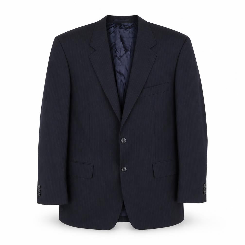 Front view of Wellington men’s blue striped polyester jacket suit jacket, size 46