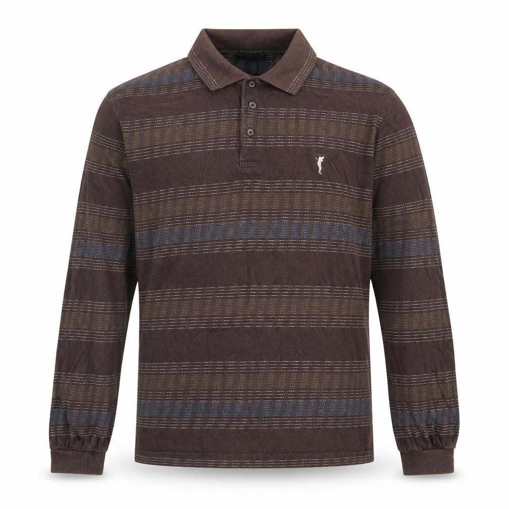 Front view of GOLFINO men’s brown geometric cotton polo, size 40, collared button